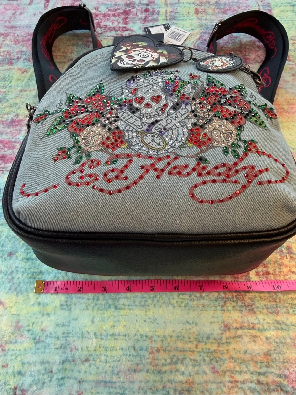 Ed Hardy Light Blue Embroidered Floral & Skull Mini Backpack